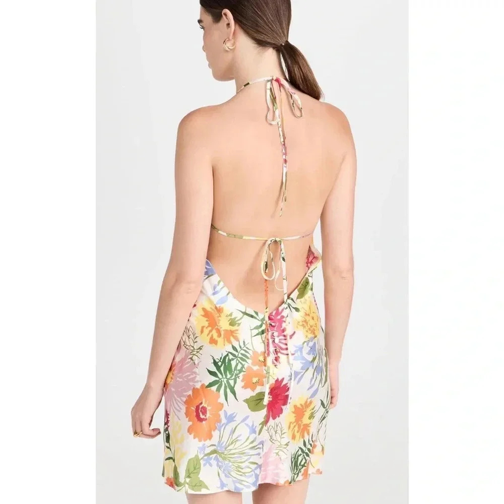 REFORMATION NWT Jennis Floral Silk Halter Mini Dress Low Back String Tie M - Picture 2 of 15
